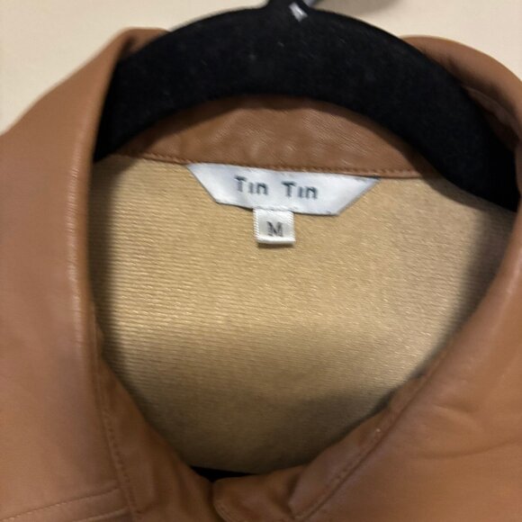 Tin Tin Faux / Vegan Leather Button Up Long Sleeve Brown Shirt w/ Pockets M - Picture 2 of 8